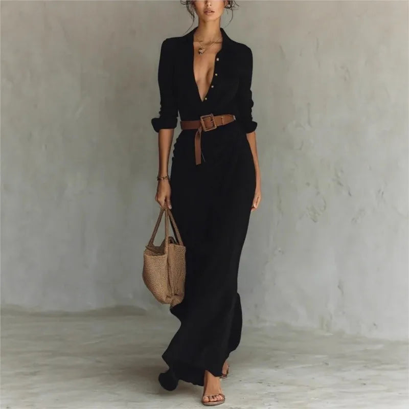 Women's Fashion Solid Holiday Party Dress Elegant Lapel Button Draped Long Dress Casual Long Sleeve Match With Belt Shirt Dress