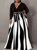 Plus-Size Women's V-Neck Elegant Long-Sleeved Striped Color-Block Dress