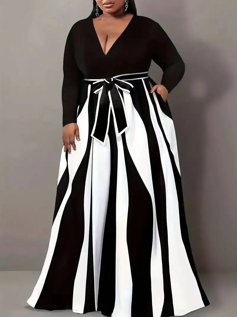 Plus-Size Women's V-Neck Elegant Long-Sleeved Striped Color-Block Dress