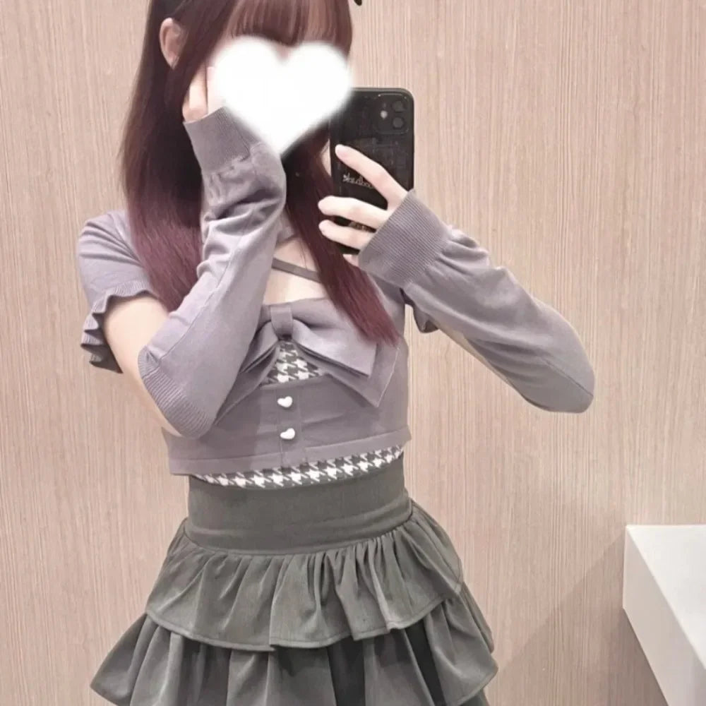 Lace Up Bow Ropa Mujer Houndstooth Tops New Hollow Out Woman Clothes Japan Fungus T Shirts Pure Desire Style Roupas Feminina