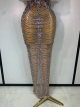 Women Sexy Strapless Rhinestone Bodycon Dress Luxury Birthday Party Costume Bar Nightclub Celebrity Stage Performance Outfit