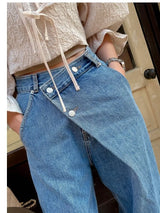 High Waist Wide Leg Jeans Women's Chic Retro Style Asymmetrical Buckle Design Versatile Long Pants for Ladies