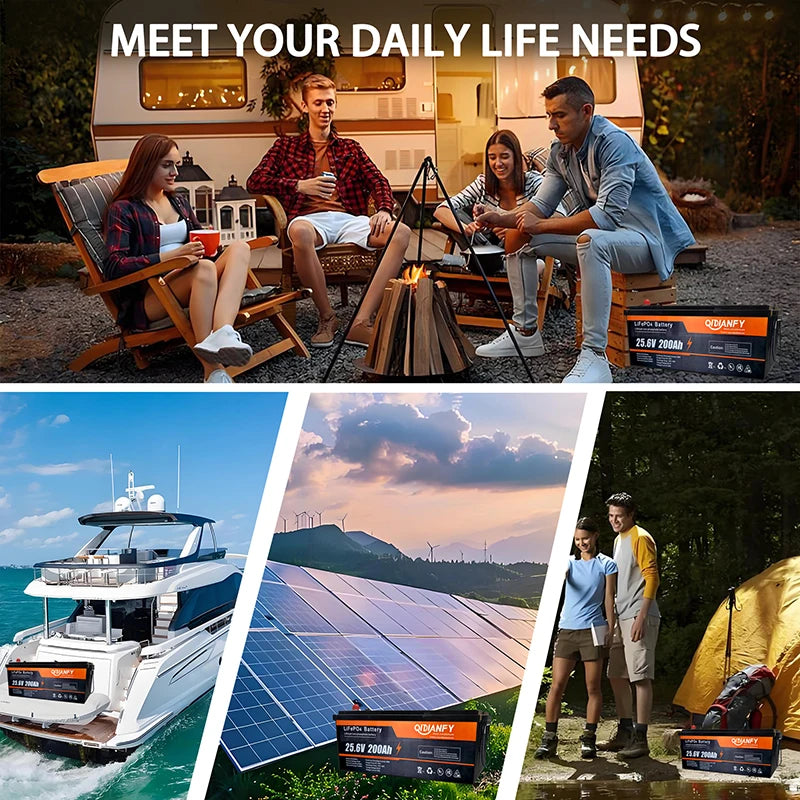 Qidianfy 24V 200Ah LiFePO4 Battery with 200A BMS Rechargeable Lithium Iron Phosphate Battery for RV Marine Solar System Camping