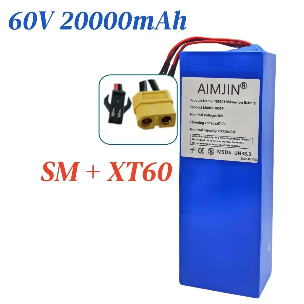 16S5P 60V 20Ah lithium battery pack 2000W high-power with built-in BMS for Motorcycle, scooter, Bicycle MotorReplace battery