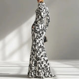 Sexy O Neck Floral Print Long Maxi Dress Woman 2026 Spring High Waist Slim Draped Party Dress Fall Long Sleeve A-Line Boho Dress