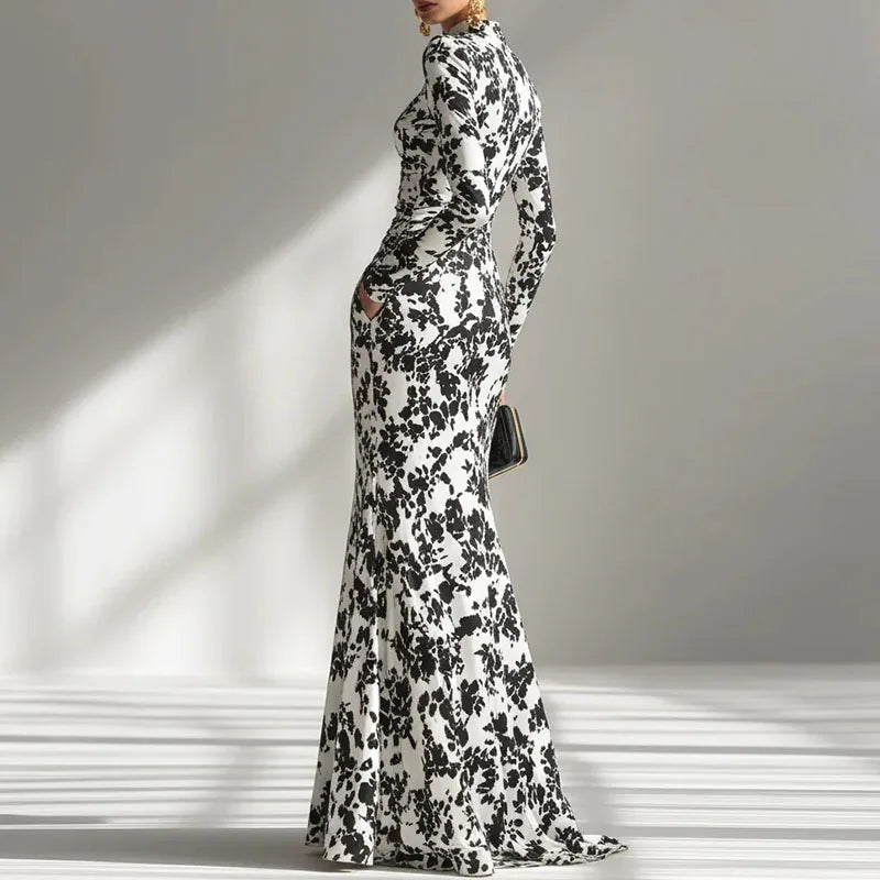 Sexy O Neck Floral Print Long Maxi Dress Woman 2026 Spring High Waist Slim Draped Party Dress Fall Long Sleeve A-Line Boho Dress