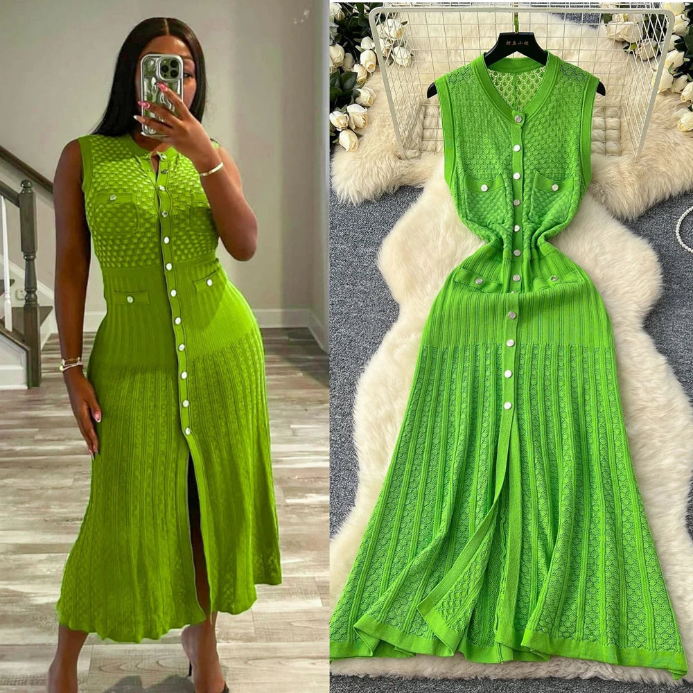 YuooMuoo Brand Fashion Single-breasted Knitted Summer Dress Women Vintage Pockets A-line Long Shirt Dress Chic Vacation Robes