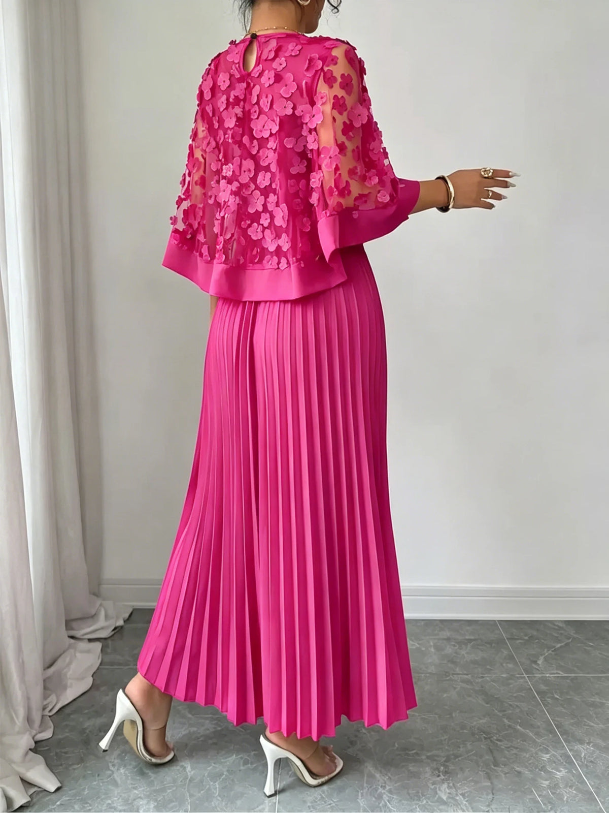 Elegant A-line Pleated Dress With Appliquéd Mesh Paneling, Vacation Outfits Women, Summer Outfits for Women