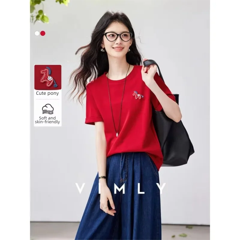 VIMLY Women's Casual Versatile Red T-Shirt 2026 Summer New Office Fashion Fun Pony Embroidery Crew Neck Short Sleeve Top A6279
