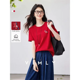 VIMLY Women's Casual Versatile Red T-Shirt 2026 Summer New Office Fashion Fun Pony Embroidery Crew Neck Short Sleeve Top A6279