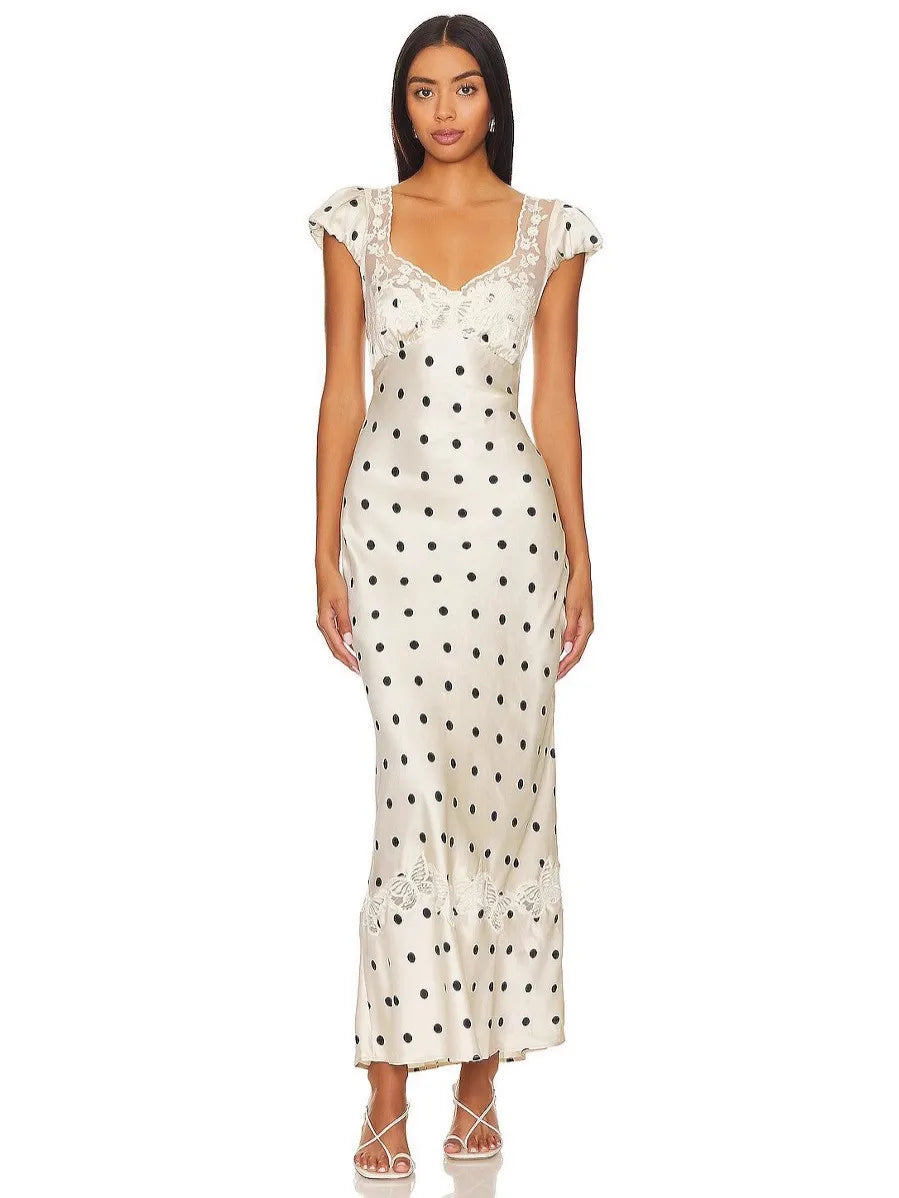 Fashionable Elegant Vintage Lace Patchwork Polka Dot Backless Maxi Dress For Women Luxurious Prom Dinner Party Wedding Guests