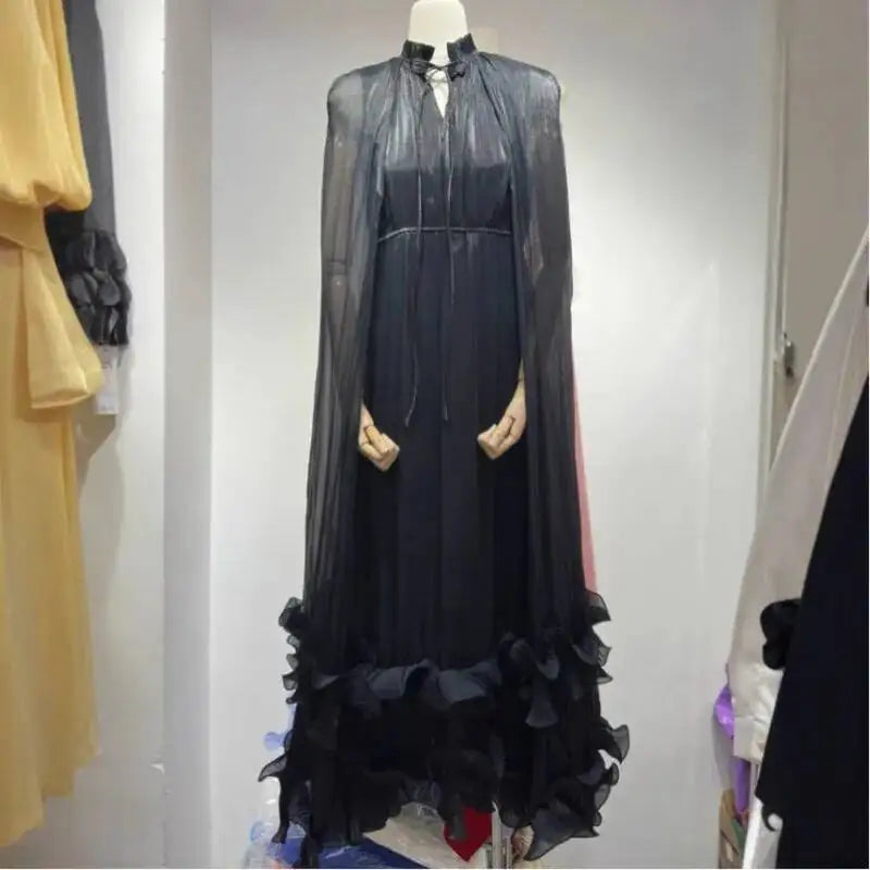 SHENGPALAE Commuting Style V-neck Cape Style Black Fungus Edge Double-layer Hem Dresses For Women 2026 Autumn New