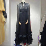SHENGPALAE Commuting Style V-neck Cape Style Black Fungus Edge Double-layer Hem Dresses For Women 2026 Autumn New