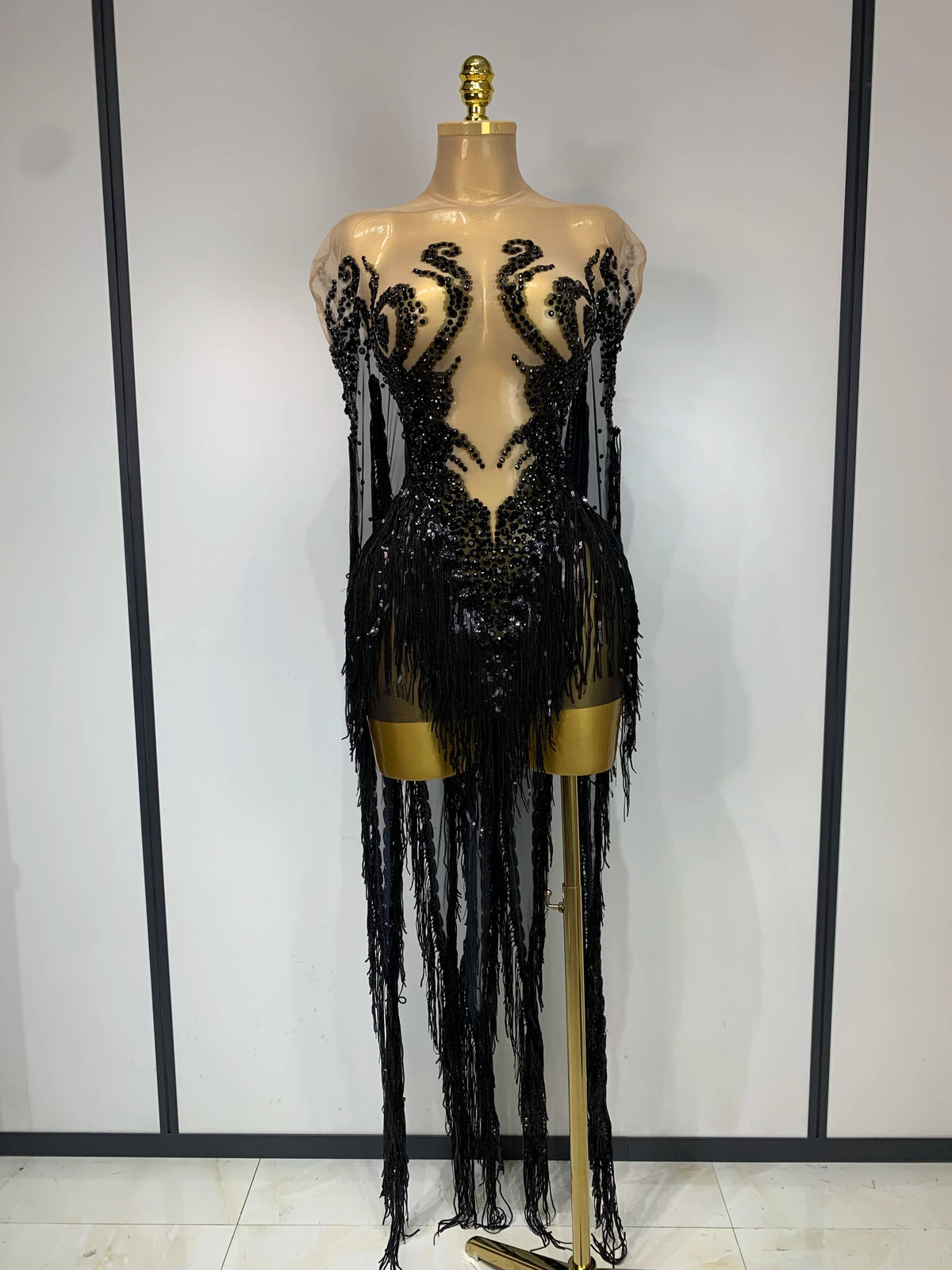 Sexy Sparkly Rhinestone Sequins Tassel Mesh Transparent Dress Women Evening Birthday Party Nightclub Dance Singer Stage Outfit