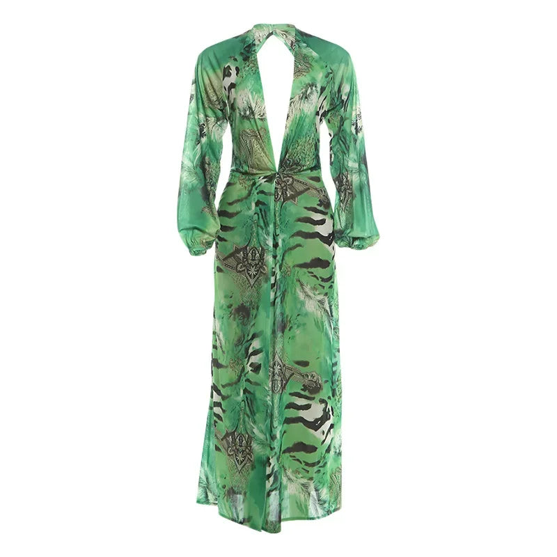 Women Vintage Green Print Dress Loose V-neck Waist-cinching Long Sleeve Print Maxi Dresses Tropicsal Summer Outing Gown 2026 New