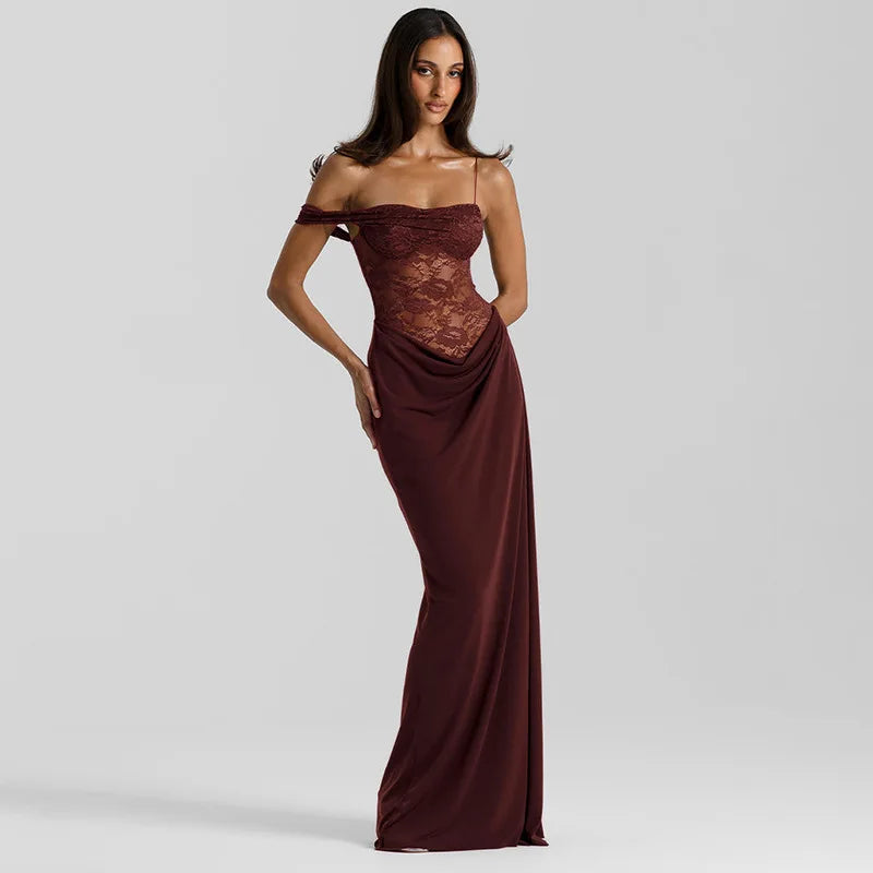 Women's Brown Sheer Lace Bodice Draped Long Dress Sexy Spaghetti Strap Party Evening Long Dresses Black Burgundy Wedding Guest