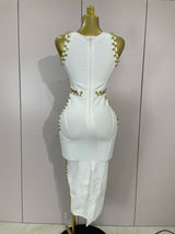 Elegance White Metal Buckle O Neck Sleeveless Bodycon Bandage Dress Women Celebrate Evening Prom Birthday Party Dress Vestido