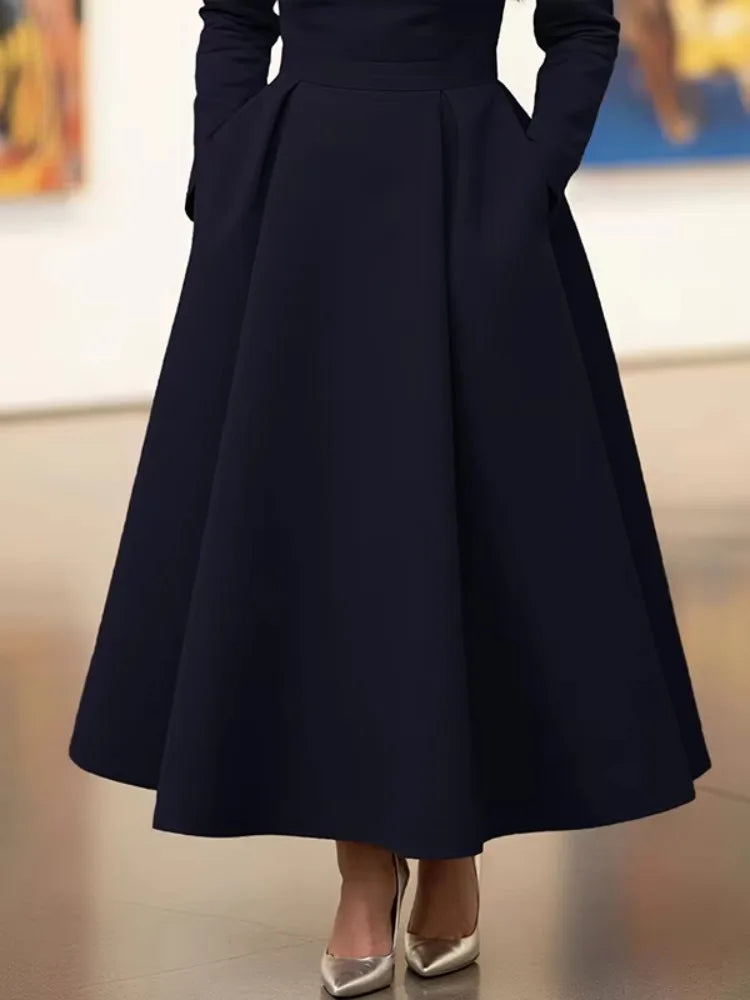 Olive Green Asymmetric Collar Long-Sleeve Midi Dress Elegant A-Line Wedding Guest Gown with Pockets Formal Bridal Event Outfit