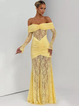 Mozision Off-shoulder Long Sleeve Sexy Maxi Dress Women Fashion Lace See Through Strapless Backless Bodycon Club Party Dresses