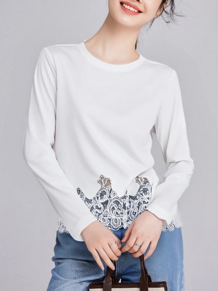 Cotton Lace Trim White Long Sleeve Tshirt Women 2025 New Fall Blouse Casual Basic Tee Flattering Fit Boho Chic Plus Size