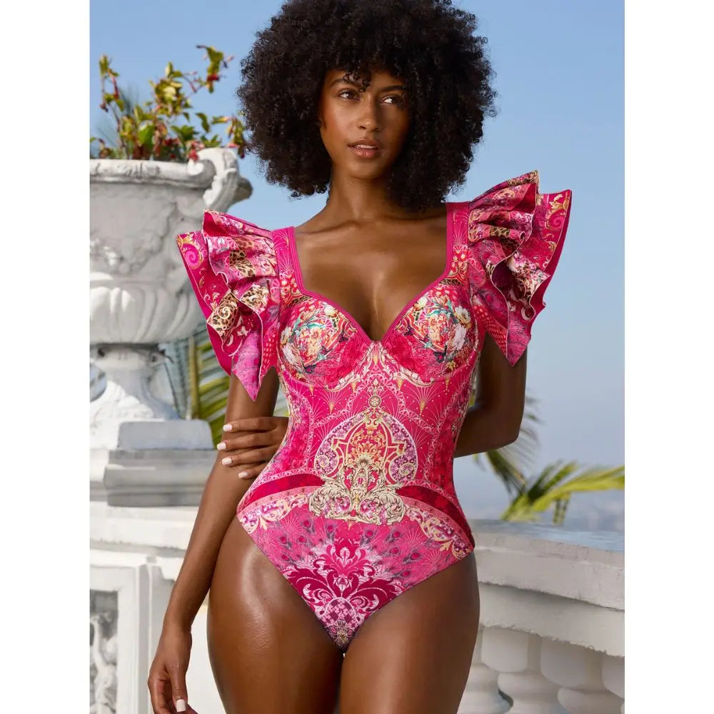 FLAXMAKER Women's Ruffled Rose Red Blooming Flower Print One Piece Swimsuit with Skirt Luxury Beachwear Bathing Suit