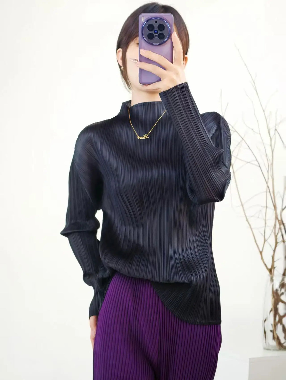 Miyake Pleated Turtle Neck Long Sleeve Top Stylish Black Lightweight Wrinkle Resistant Women's Casual Simple Fashion Shirt
