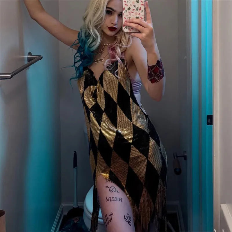 Women Diamond Argyle Sequin Slip Dress Spaghetti Strap V Neck Tassel Fringe Hem Bodycon Mini Dress Party Club Costume Dress