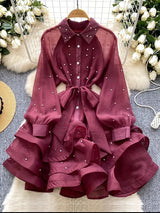 French Diamond Studded Ruffle Edge Dress for Women in Spring Autumn with Straps Long Sleeves Cinching A Fluffy Party Dress C200