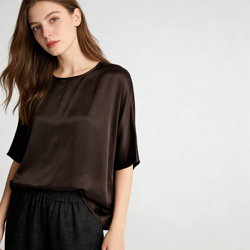 21MM 100% Natural Mulberry Silk Plain Satin Skin Friendly Round Neck Batwing Mid Sleeve Loose Simple Women's Casual T-shirt