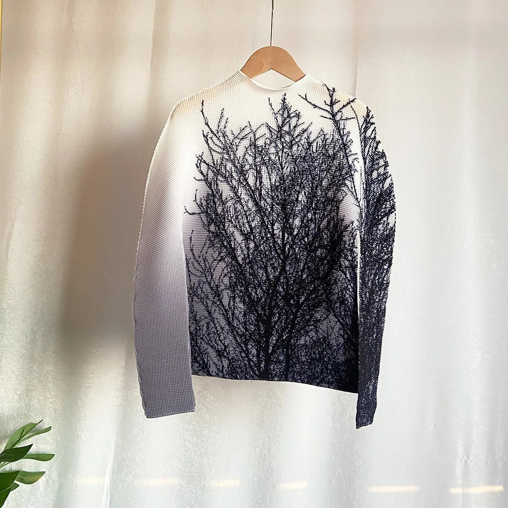 LANMREM Gradient Long Sleeves Women's Turtleneck Slim T Shirt Pleated Casual Female Fashion Clothes 2025 Spring New 2DC1065