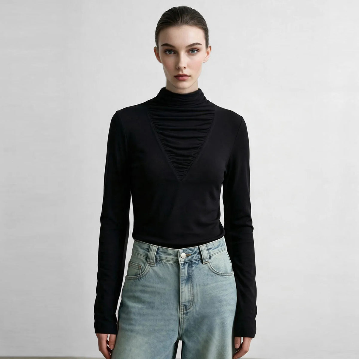 Amii Pile Collar Long Sleeve Tee Slim Fit Slimming Elegant Commuter Minimalist Versatile Winter 2026 Tops for Women 12644048