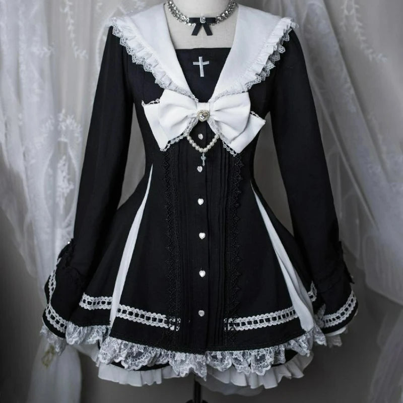 Japanese Gothic Y2k Lolita Style Bow Dress Shorts Set Women Elegant Lace Long Sleeve Button Shirt Party Dresses Slim Mini Dress