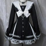 Japanese Gothic Y2k Lolita Style Bow Dress Shorts Set Women Elegant Lace Long Sleeve Button Shirt Party Dresses Slim Mini Dress