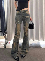 2025 Autumn Winter Women's Denim Pants High Waist Cargo Jean Goblin Core Kpop Bell Bottom Japanese Y2k Stretch 2000s Jeans Gyaru