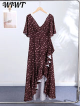 Floral Print 2026 Summer Lady Sexy V-neck Ruffles Short Flare Sleeve Split Midi Dresses Women's Slim High Waisted Party Vestidos
