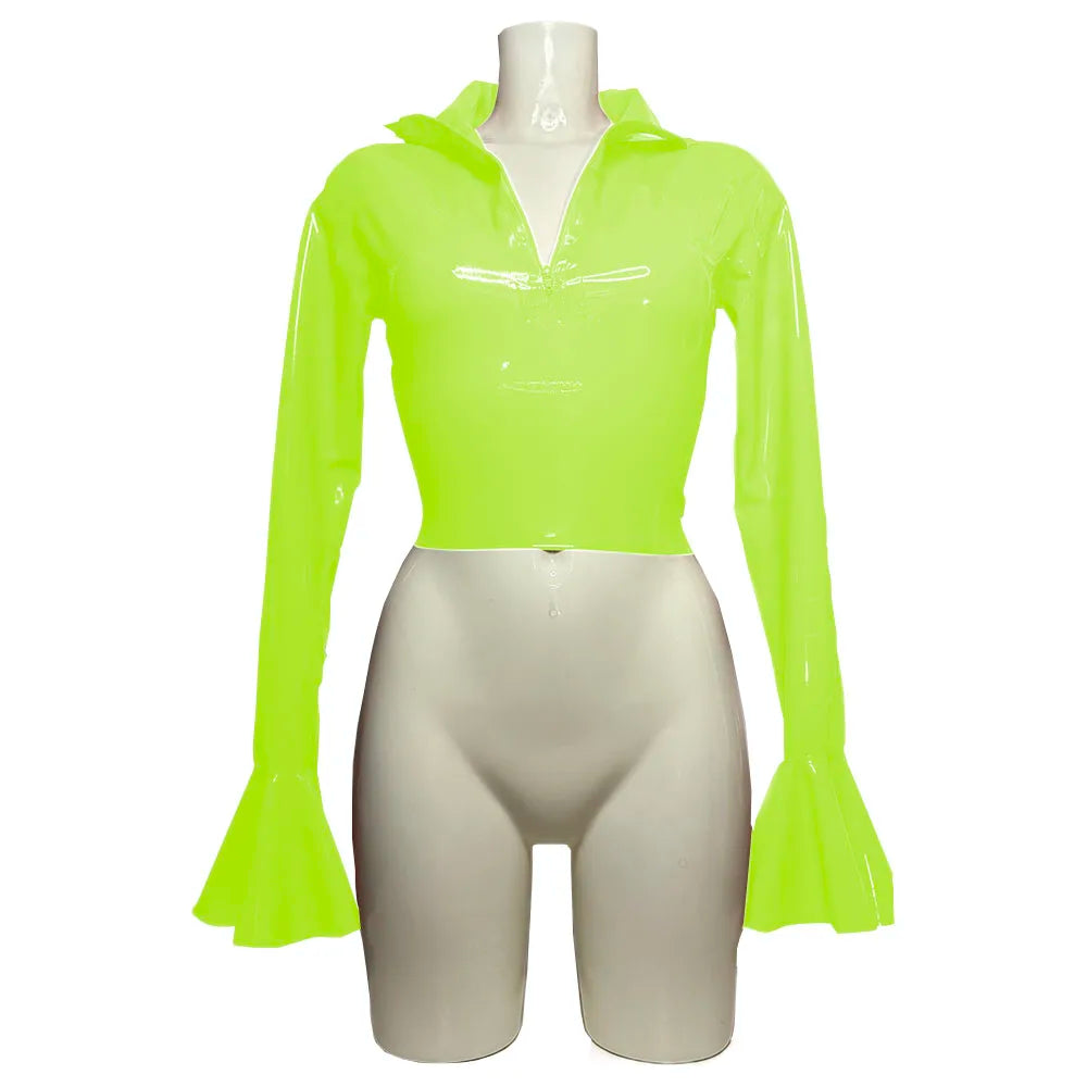 Punk Chic Flare Crop Tops,Long Sleeve,Vintage Pole Dance,Shiny PVC Leather T Shirt,Nightclub Fashion Tees,Female Pullover Blouse