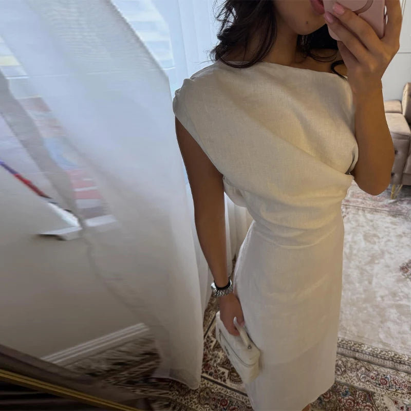 Off-shoulder Linen Maxi Dresses Women's Slim Waist-cinching Hip-wrap Ankle-length Dress 2026 New Ladies Summer Solid Outwear
