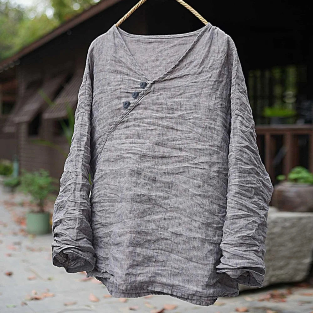 Johnature Women Vintage T-Shirts Striped Tees 2026 Spring New Chinese Style V-Neck Long Sleeve Button Loose Female T-Shirts