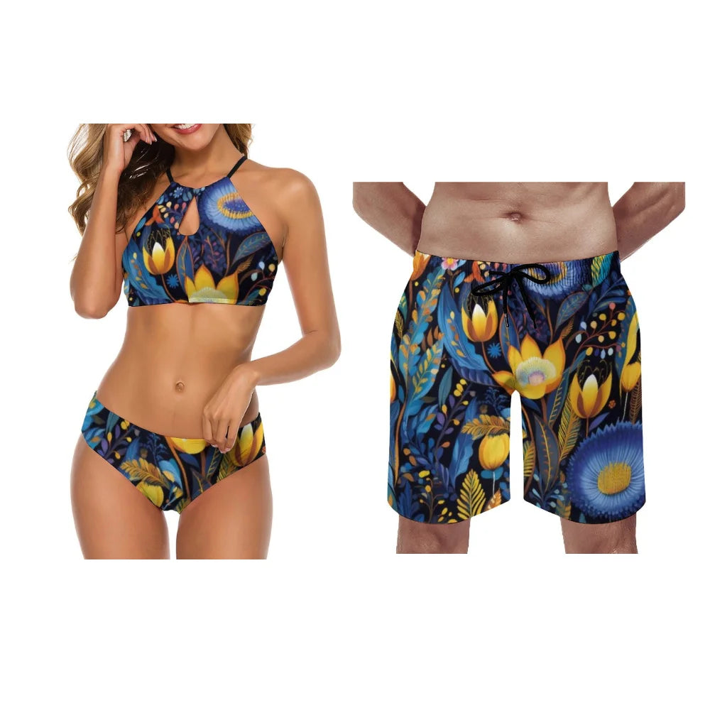 Summer Beach Swimsuits Couple Outfits Women's Two-Piece Swimsuits Summer Flower Patterns Customizable