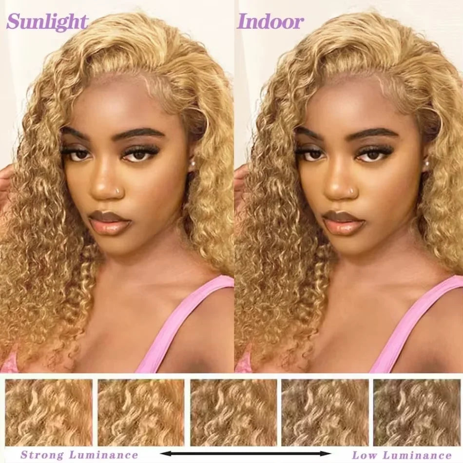 Highlight Deep Wave Lace Front Wigs Honey Blonde HD 13x6 Transparent Frontal Wigs 220 Density #27 Curly Wig Human Hair 26-32Inch