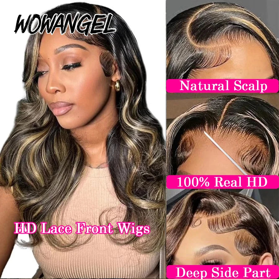 13x6 HD Lace Front Wigs #1B27 Ombre Highlight Glueless 32in Body Wave Wigs Pre plucked Human Hair Wigs Brazilian Hair For Women