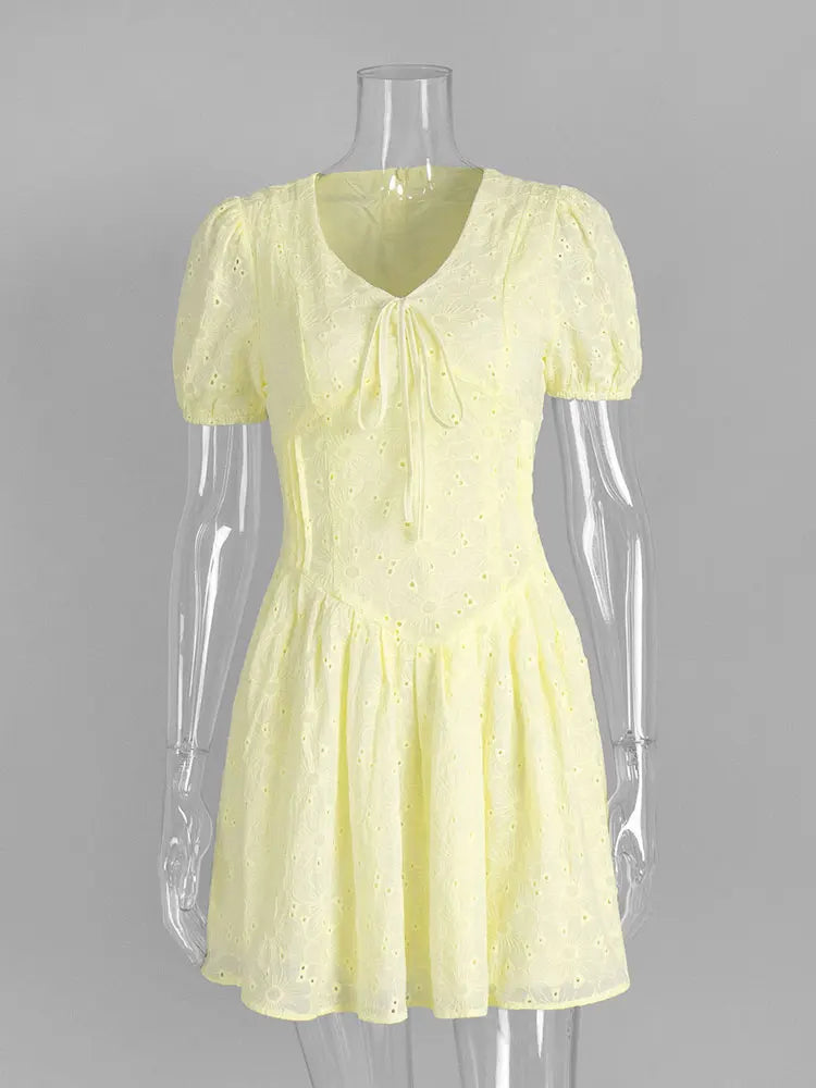 Tossy Yellow Lace-Up Printed Mini Dress Women's V-Neck Slim Short Sleeve Elegant Commute Bandage Dress Evening Ladies Clothes