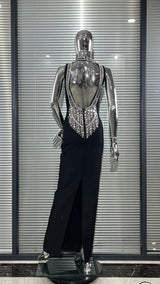 Sexy Backless Sparkling Diamond Sleeveless Midriff-baring Black Dress Dlegant Fashionable Birthday Party Valentino Day Vestido