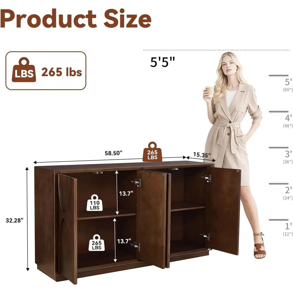 Retro Walnut Sideboard Cabinet with Magnetic Door, Adjustable Shelf for Living Room or Kitchen