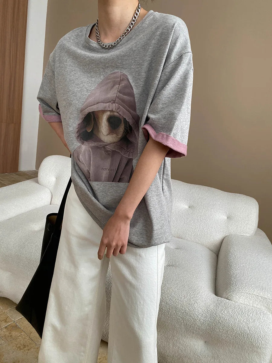 Spring women's casual cartoon printed round neck short sleeved loose T-shirt