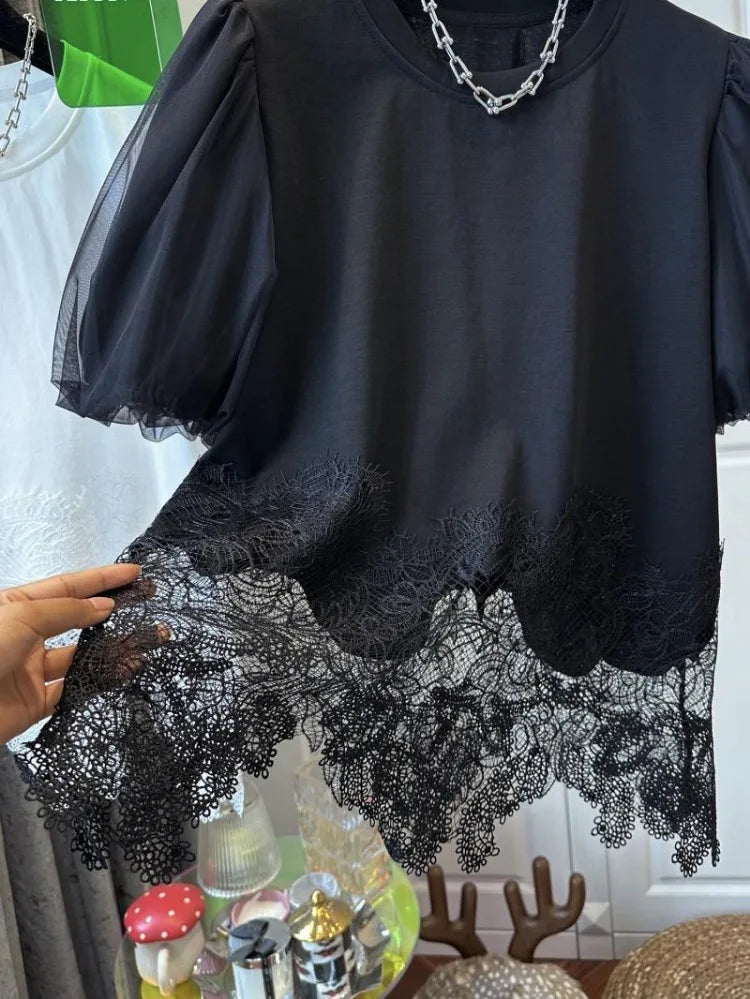 White Woman T Shirts Fashion Irregular Tees Oversized Tops O-neck Short Sleeve Patchwork Lace T-shirt Summer Korean Camisetas