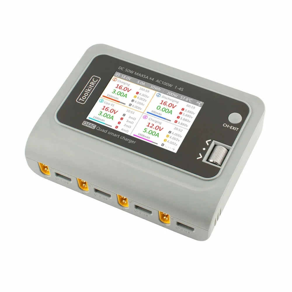 ToolkitRC Q4AC 4x50W 5A AC 100W 4 Ports DC Smart Charger Discharger XT60 for 1-4S Lipo Battery