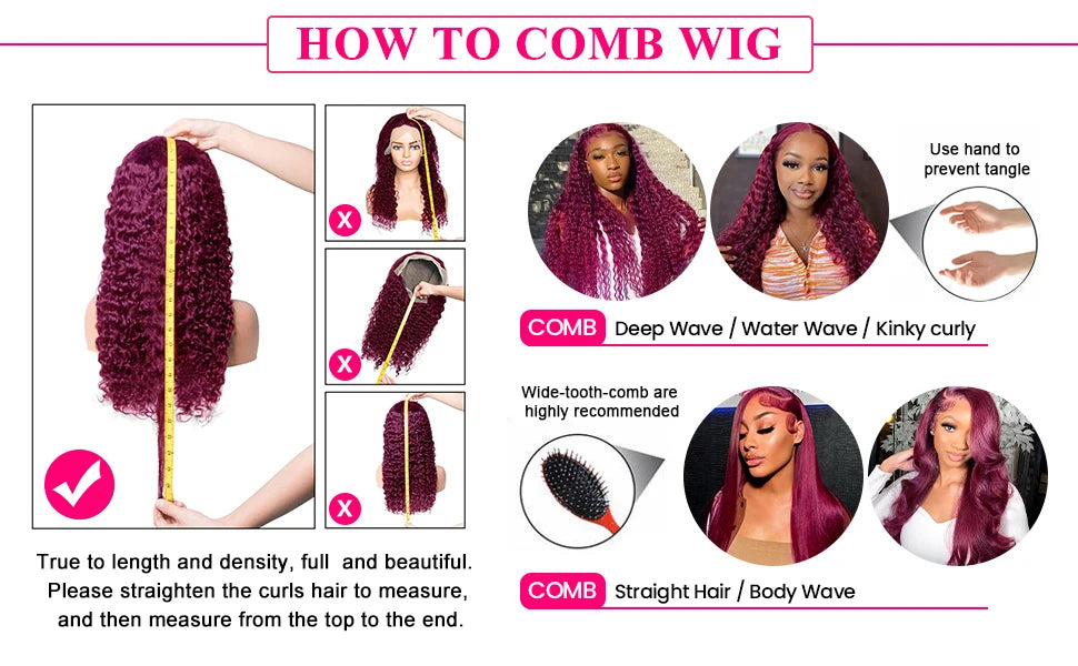30 40 Inch Burgundy 99j Deep Wave Frontal Wig Colored Curly Human Hair