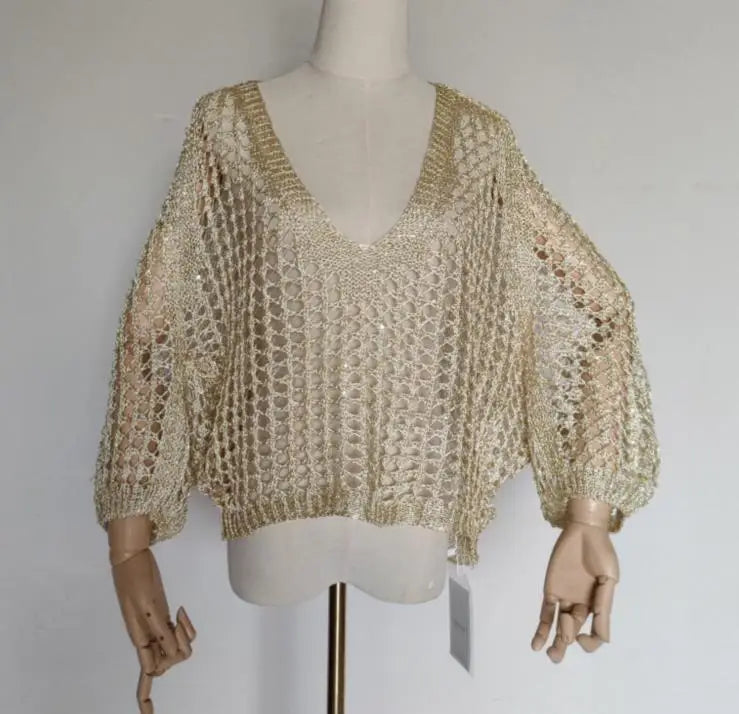 bling bling 3/4 sleeve golden t shirts women sexy knitted party t shirts women sequined t shirt for women