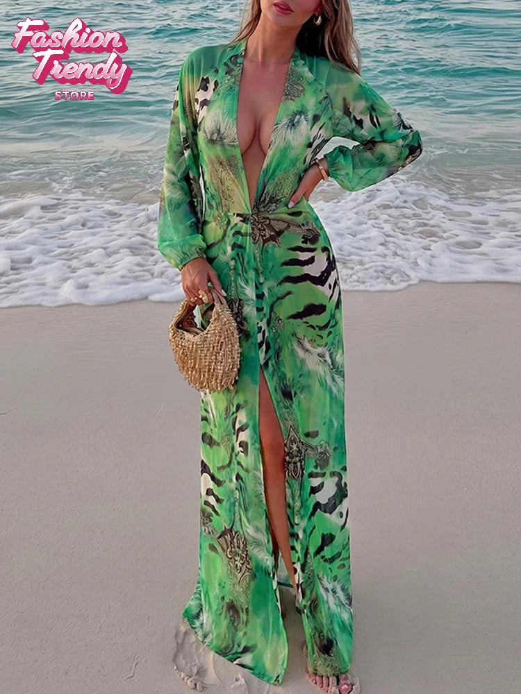 Women Vintage Green Print Dress Loose V-neck Waist-cinching Long Sleeve Print Maxi Dresses Tropicsal Summer Outing Gown 2026 New